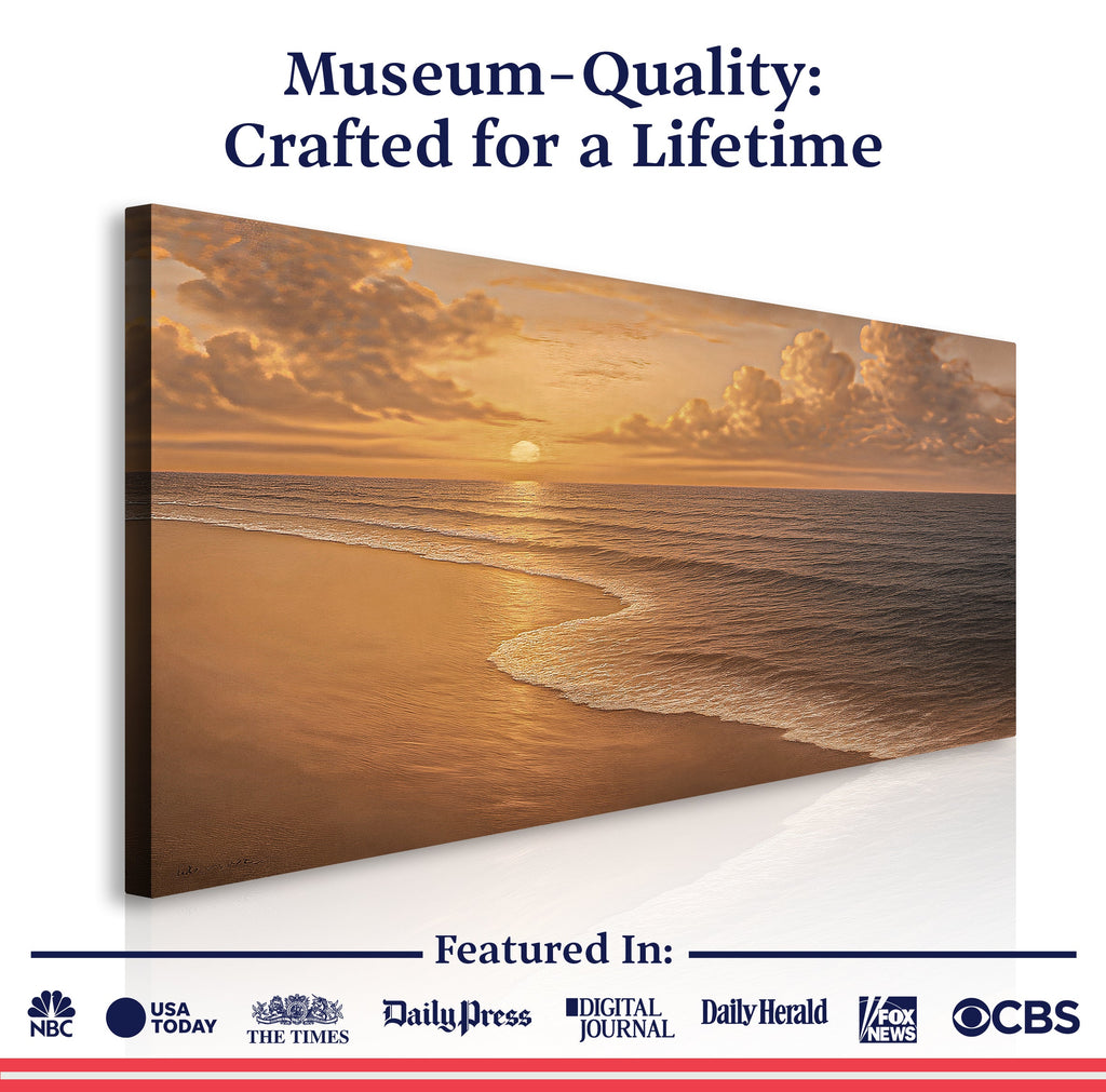 Framed beach shoreline canvas wall art with golden sunset sky and ocean surf