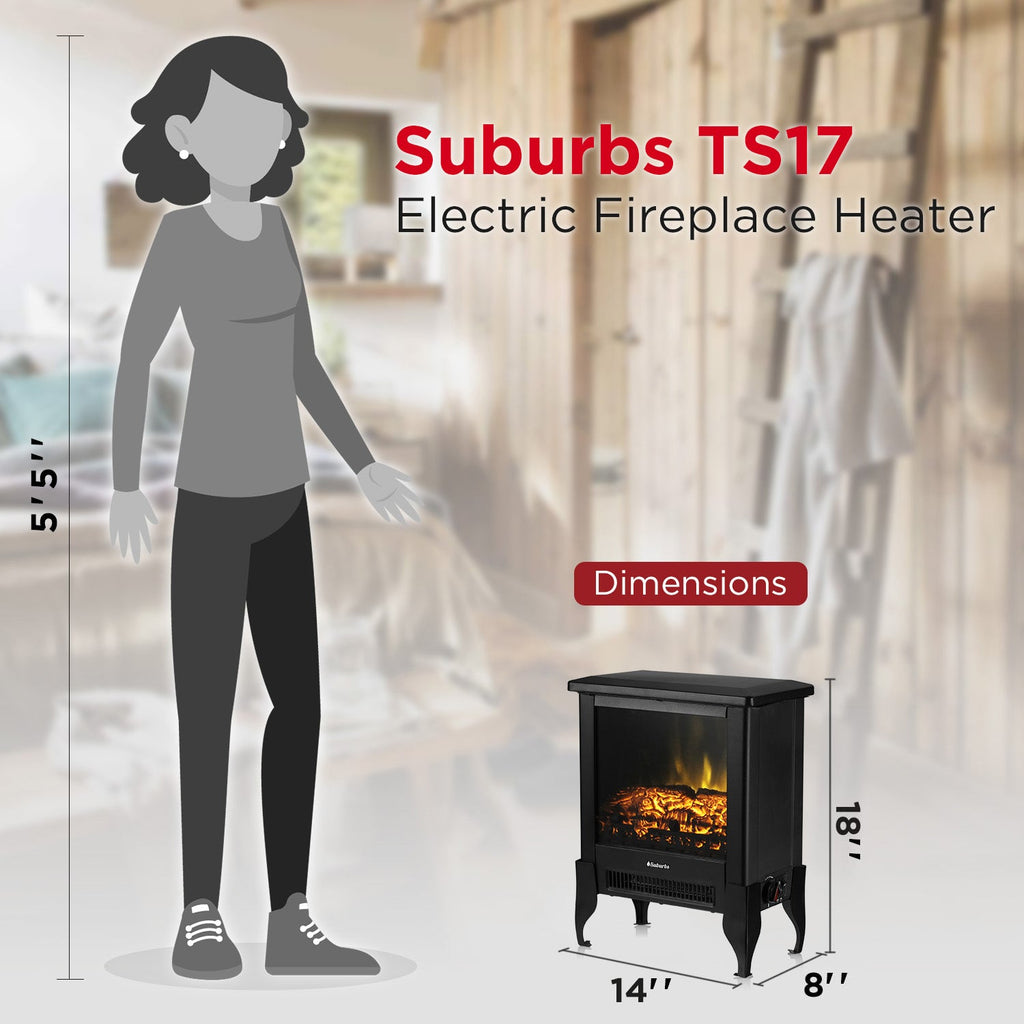 Compact black electric fireplace stove heater with front glass window and small legs