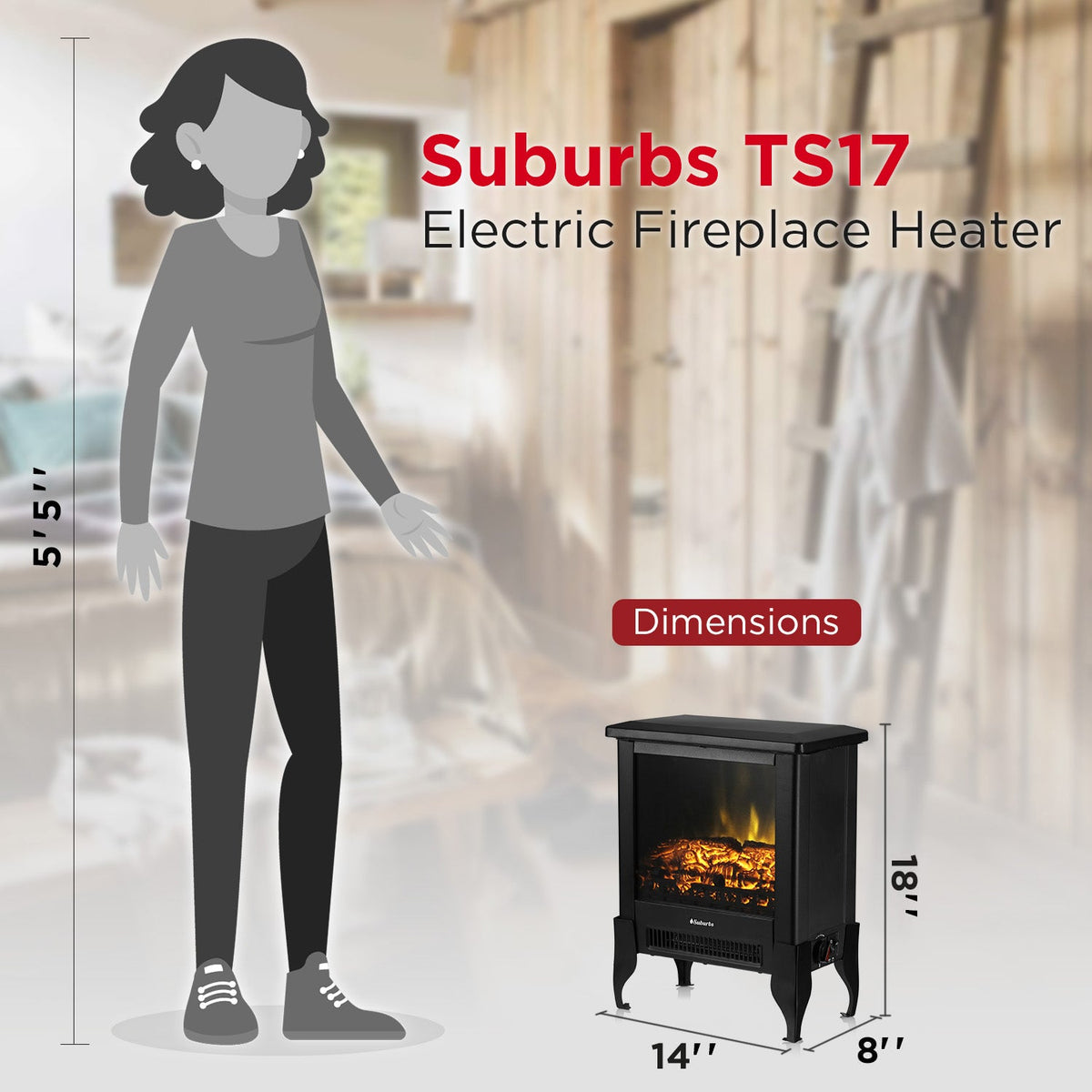 Compact black electric fireplace stove heater with front glass window and small legs