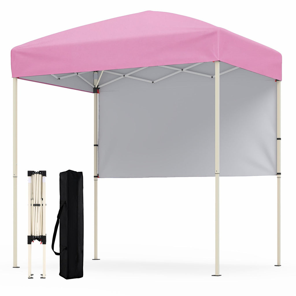 Pink pop-up canopy tent with half sidewall panels and white metal frame, open front