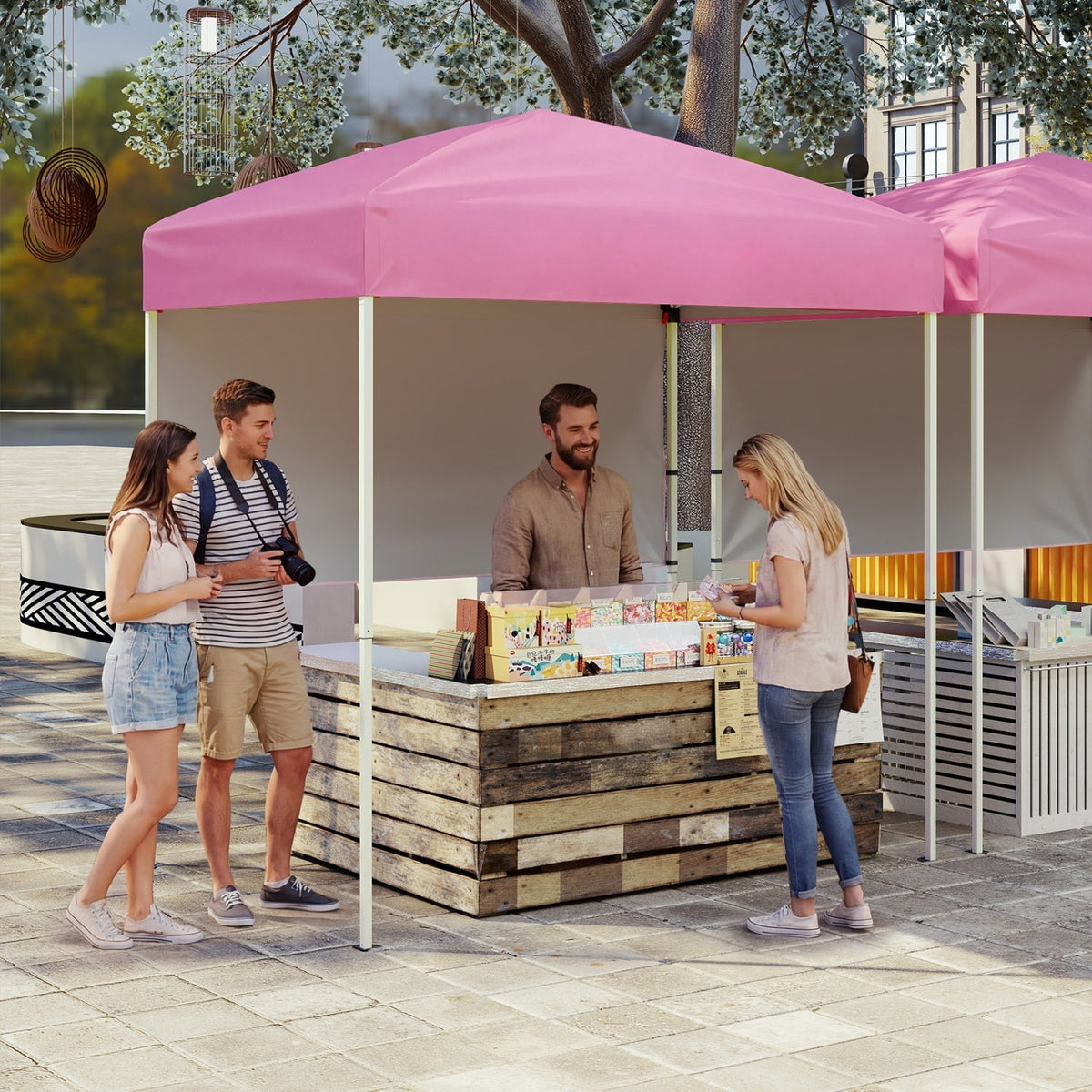 Pink pop-up canopy tent with half sidewall and white frame, weather-protective cover
