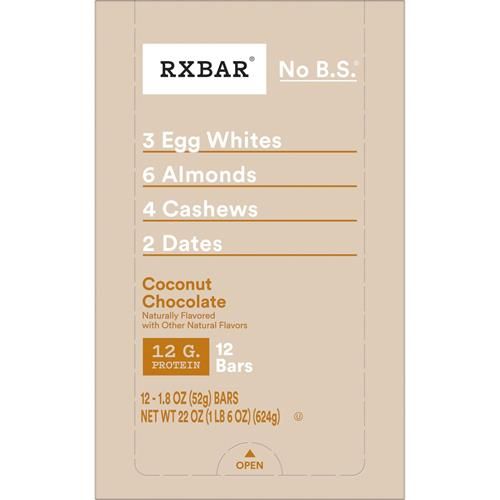RXBAR Coconut Chocolate box back panel with No B.S. and 12 bars