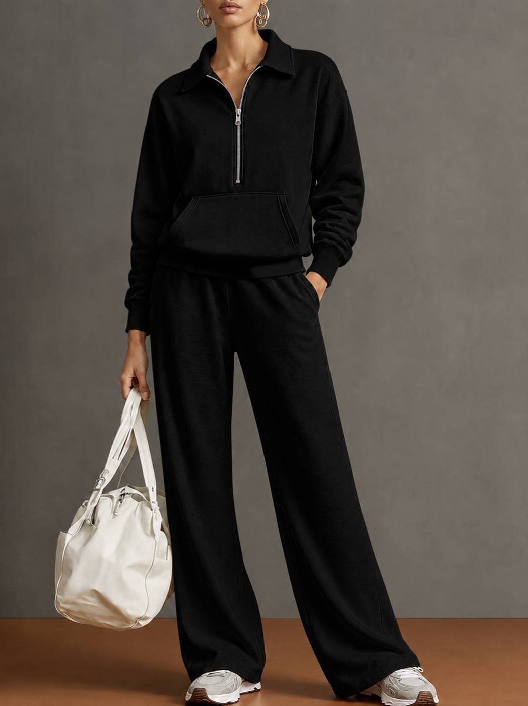 Women’s half-zip sweatshirt and wide-leg pants set, black lounge outfit