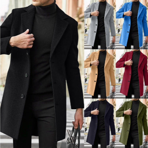 Men's mid-length long-sleeve wool coat, black with button front and notched lapels