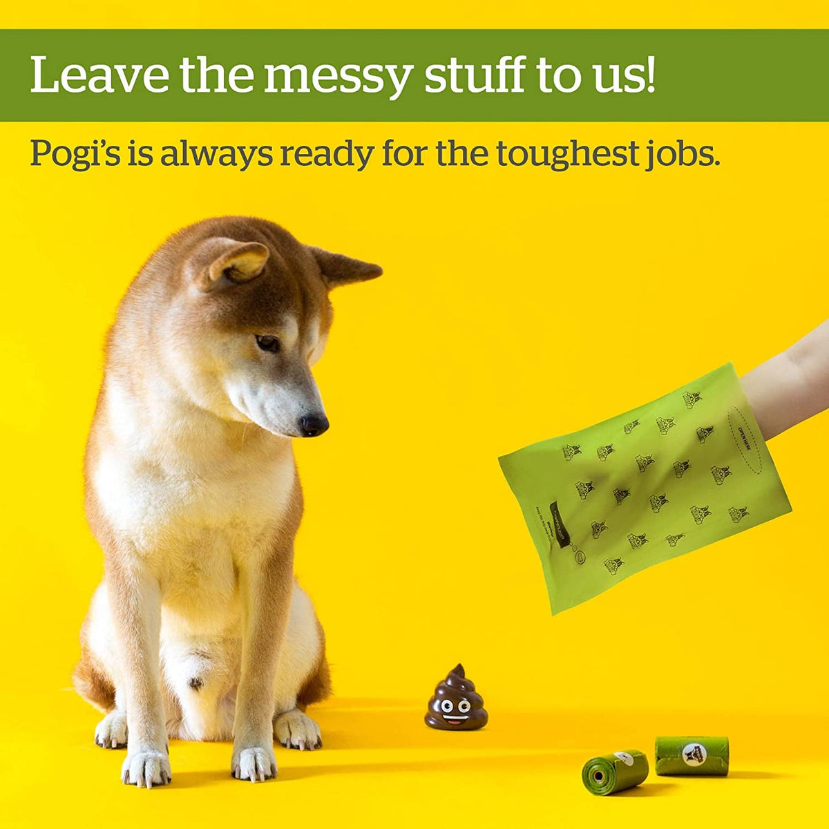 Scented green dog poop bags roll and individual bag being dispensed next to a sitting dog