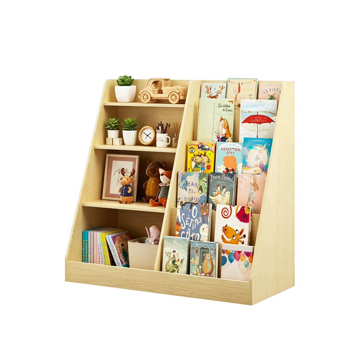 Light wood vertical kids bookshelf with open compartments for books and toys, front view
