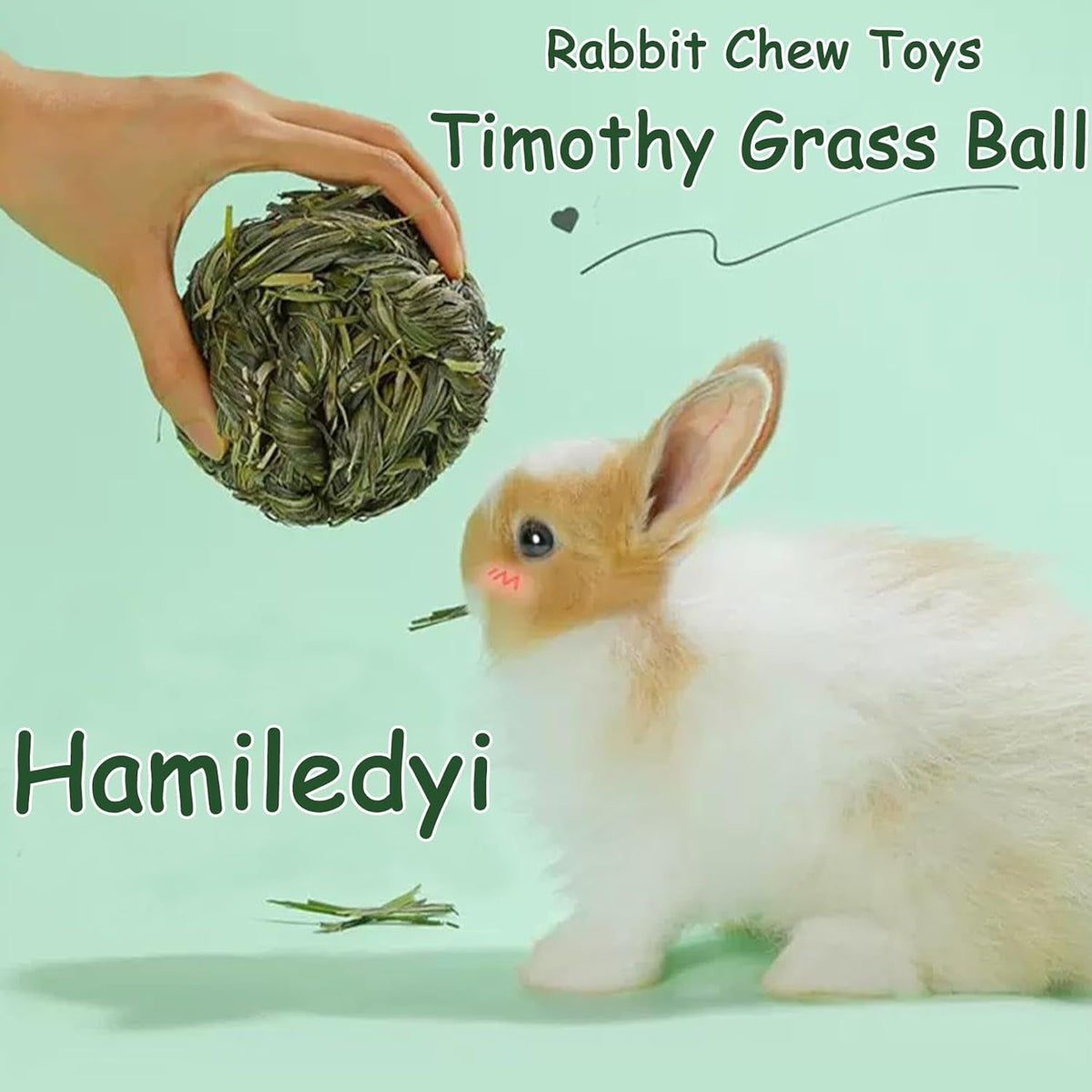 Timothy grass chew ball held beside a rabbit