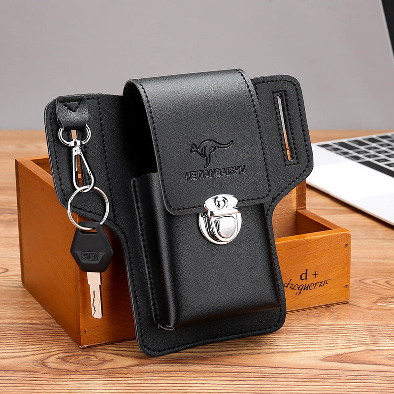 Black leather waist bag with flap buckle, kangaroo logo, and side key clip