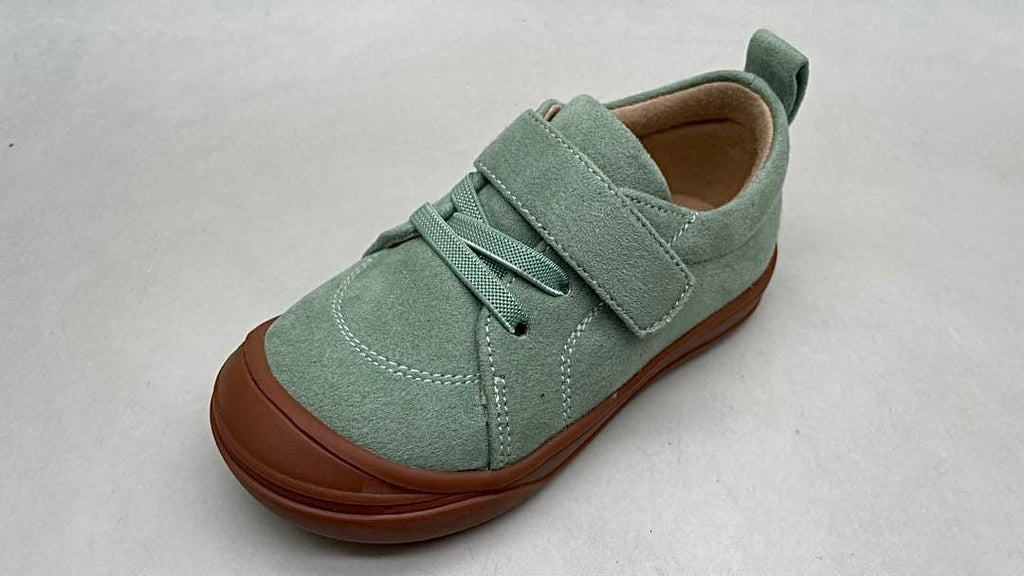 Kids mint-green lace-up barefoot sneakers with brown rubber sole, front view