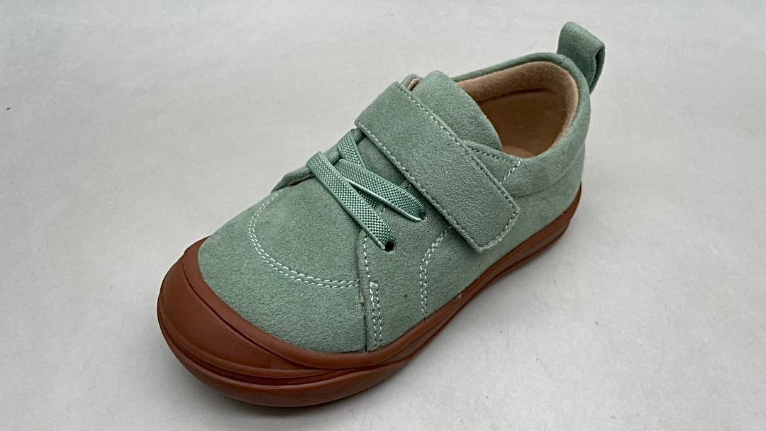 Kids mint-green lace-up barefoot sneakers with brown rubber sole, front view