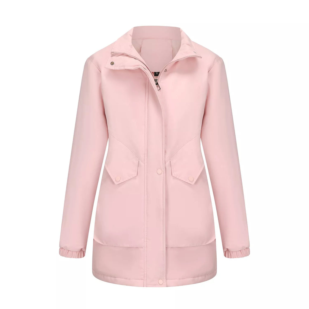 Pink fur-trim hooded winter parka with front zip, snap buttons, and chest pockets