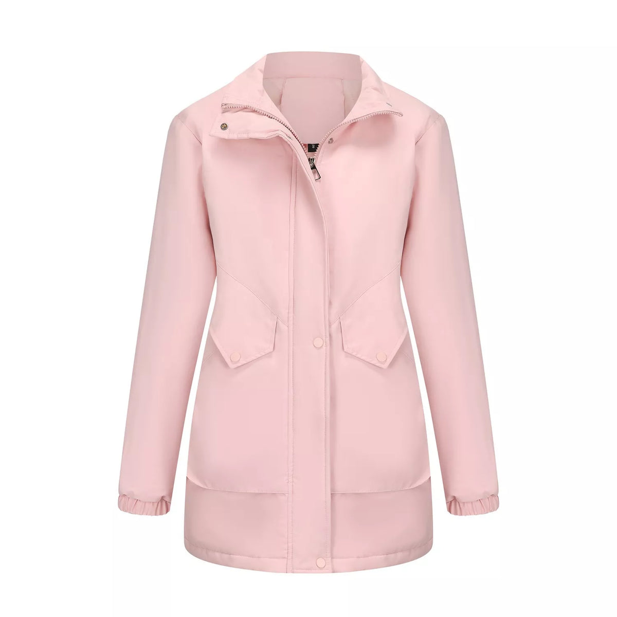 Pink fur-trim hooded winter parka with front zip, snap buttons, and chest pockets
