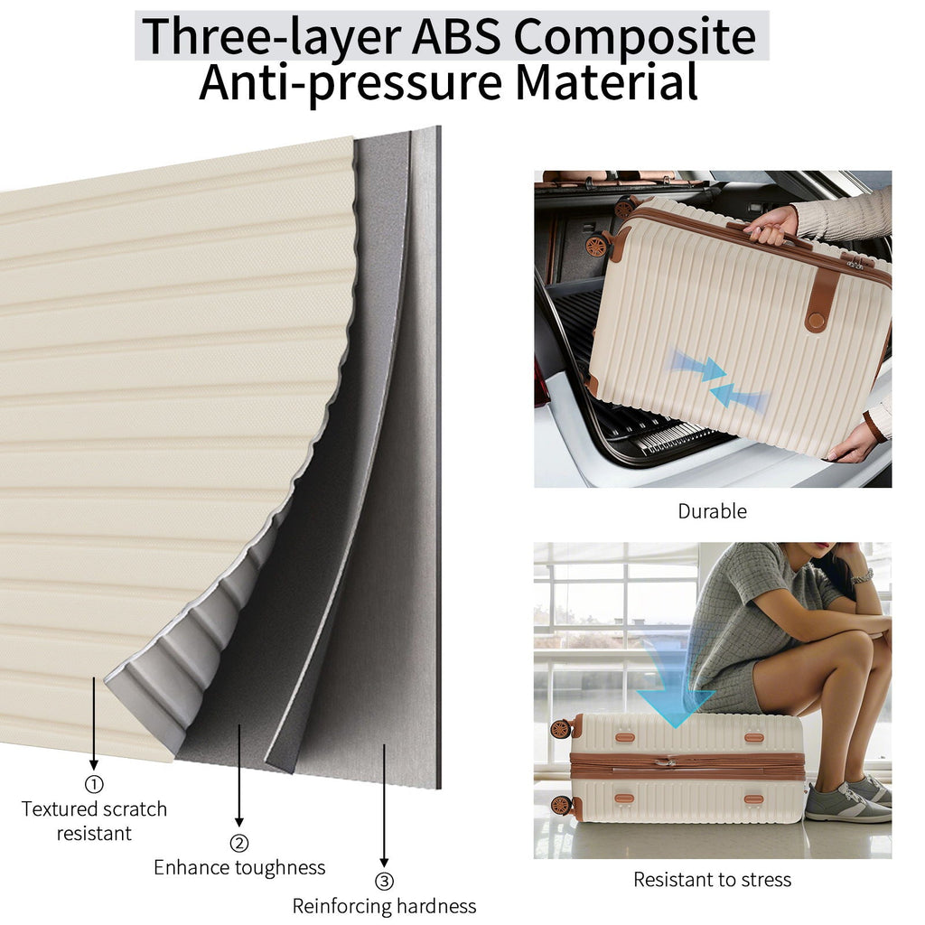 Light beige hard-shell luggage suitcase with ribbed texture and reinforced corner detail