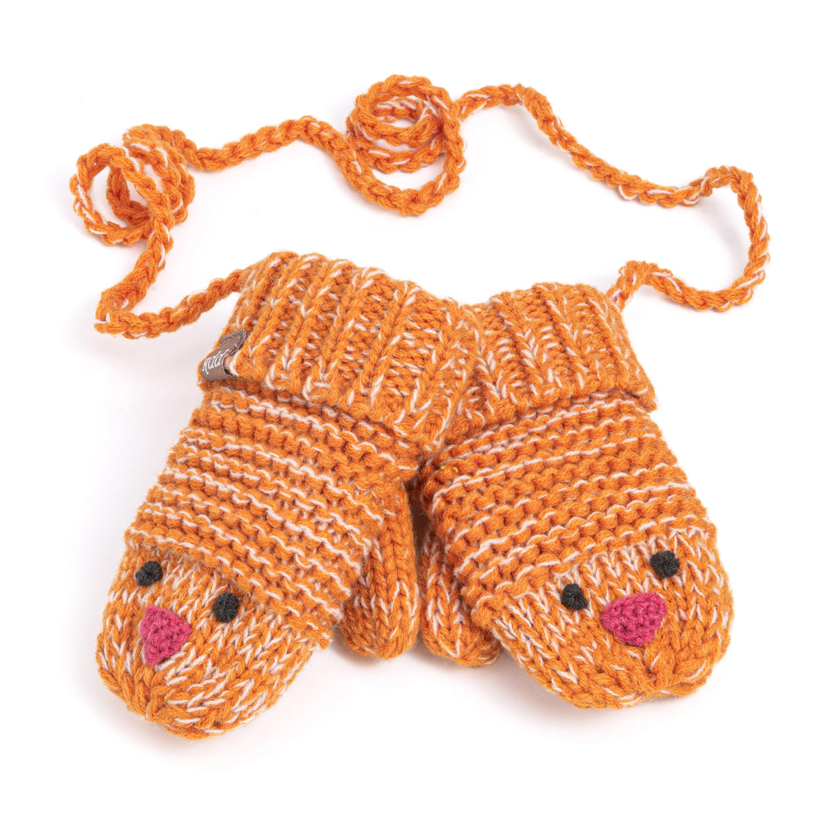 Rusty orange chick knit mittens with attached cord ties and cute face patches