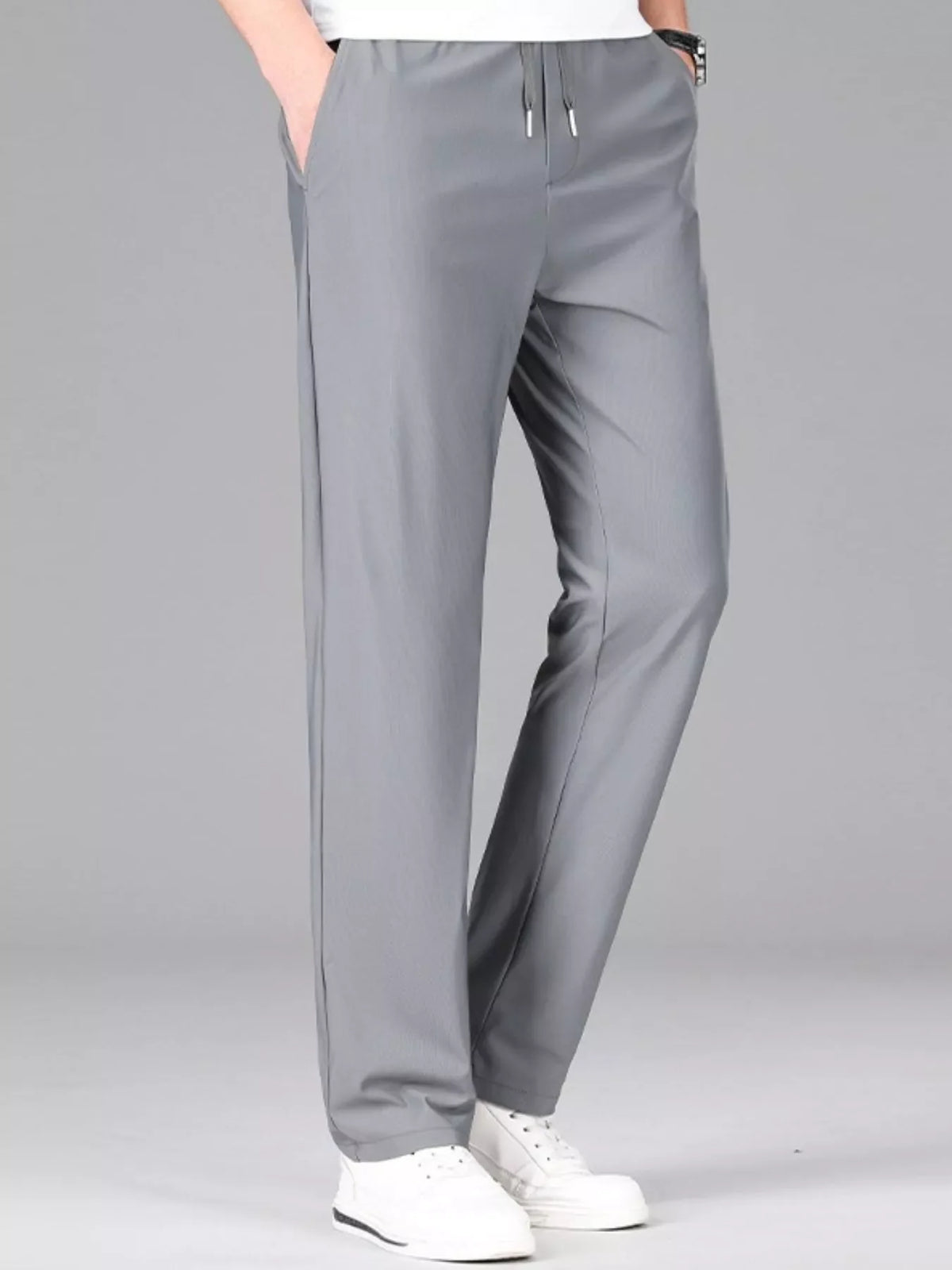Lightweight drawstring casual pants in grey, straight leg with side pockets