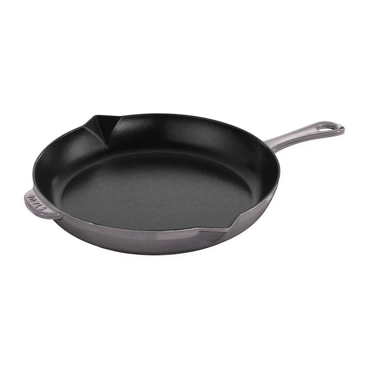 Enameled cast iron fry pan with long handle, graphite gray interior and dark exterior