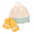 Toddler knit beanie with pom-pom, mint cuff, and matching mittens in cream sprinkles.