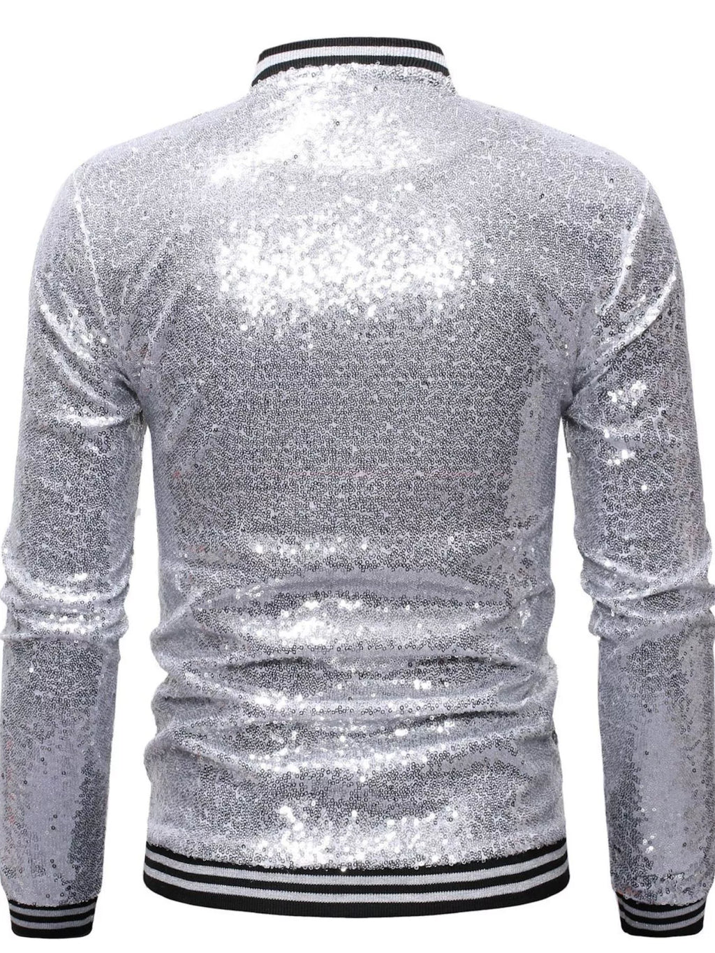 Silver sequin zip-up jacket from back view with ribbed black striped cuffs
