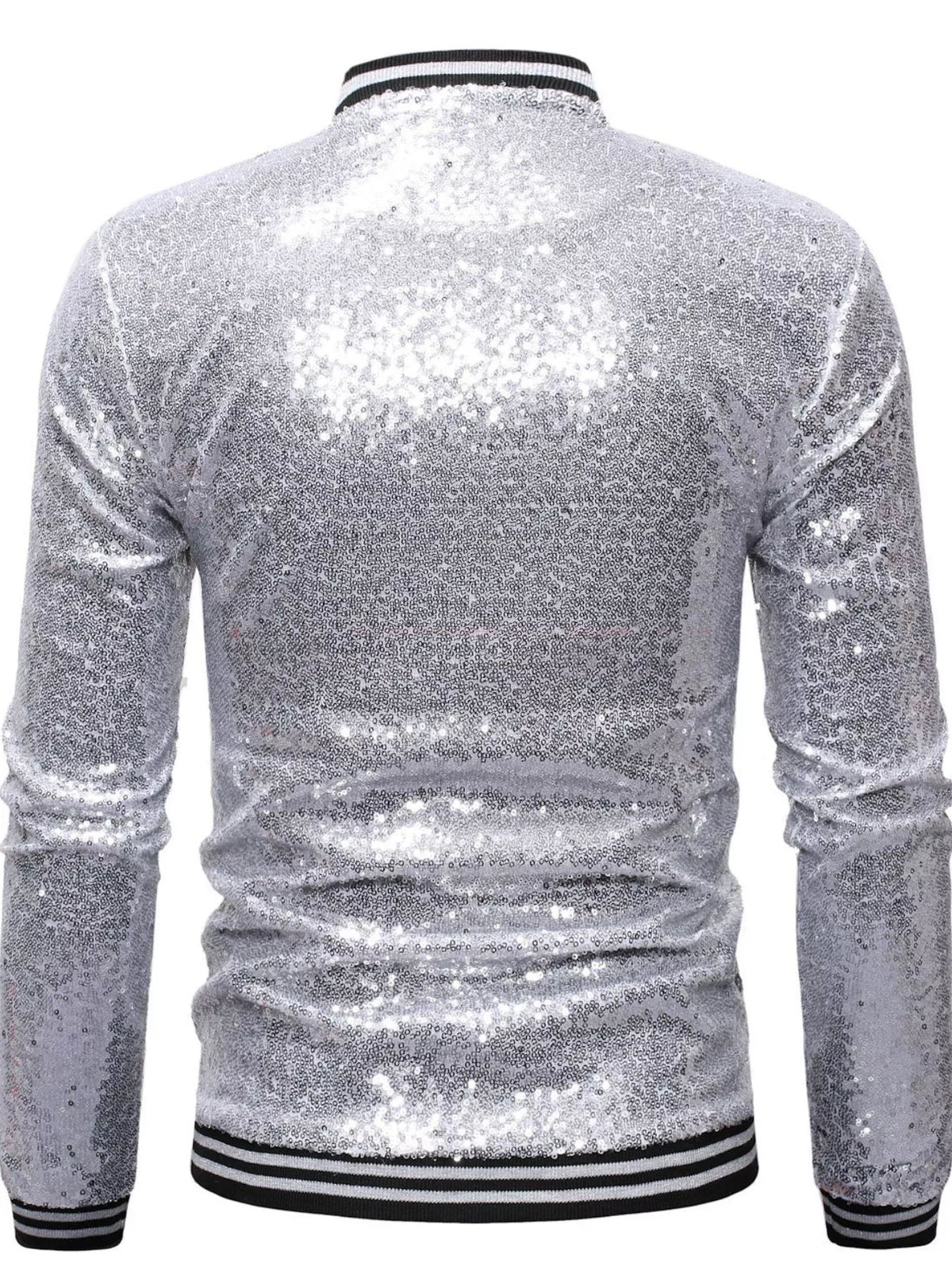 Silver sequin zip-up jacket from back view with ribbed black striped cuffs