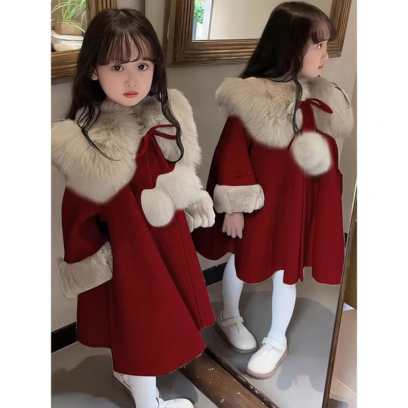 Red wool coat with large fur collar, fur-trimmed pockets, and matching cuffs