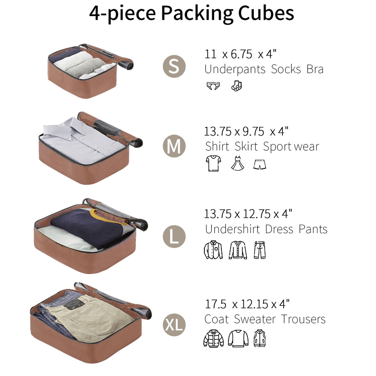 Four packing cubes in dark brown luggage set, sizes S to XL