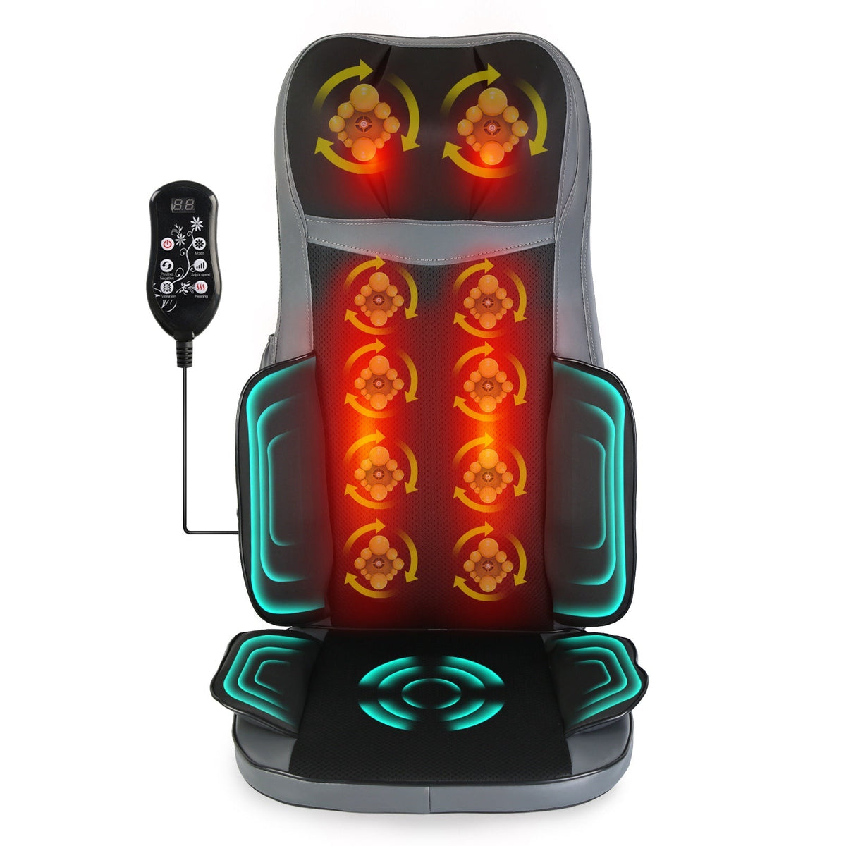 Shiatsu heated massage chair pad with back and seat kneading rollers, handheld remote