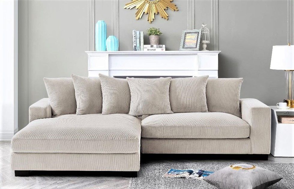 Oversized sectional sofa with chaise, beige textured fabric and thick cushions