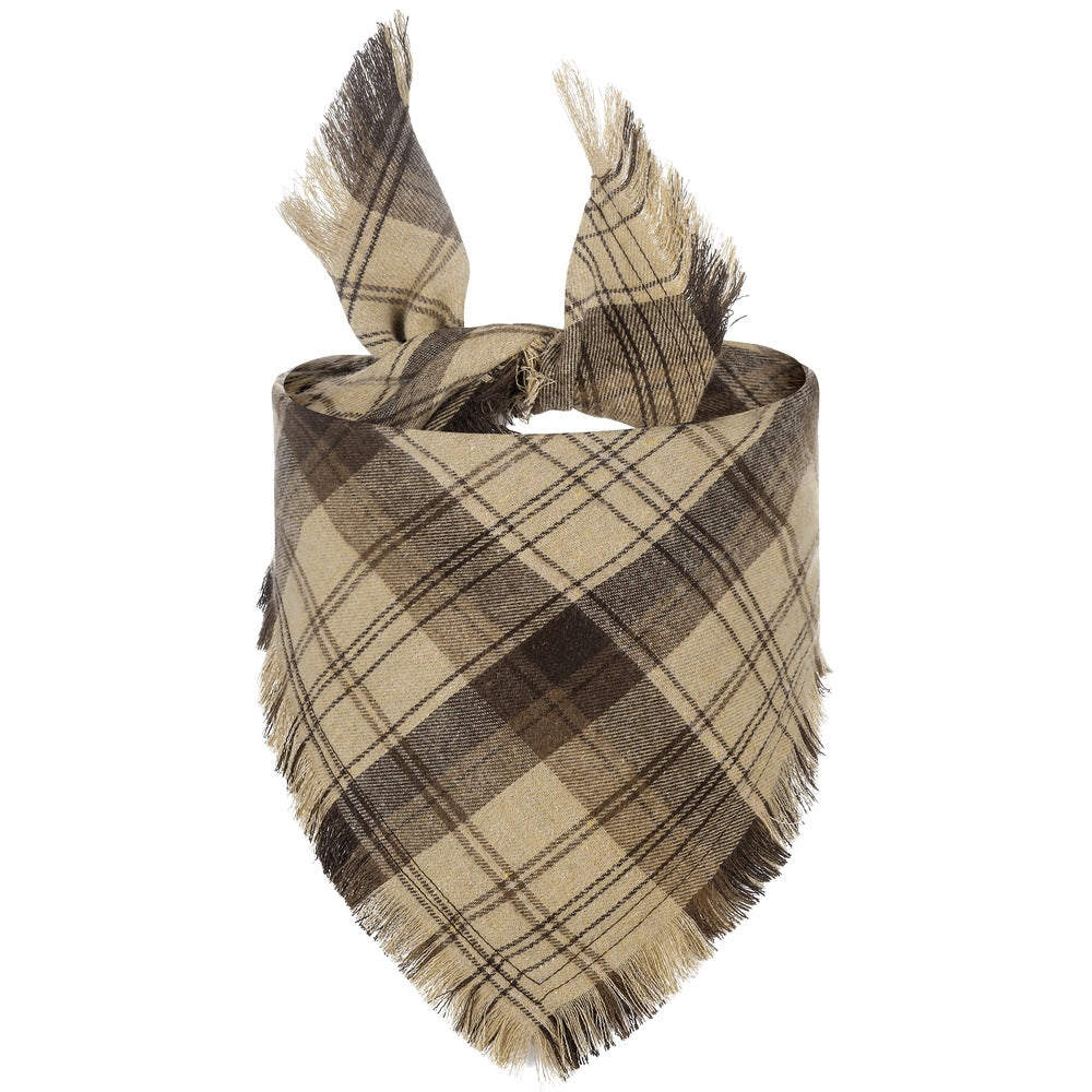 Triangle plaid dog bandana with tassel edges, tan and dark brown