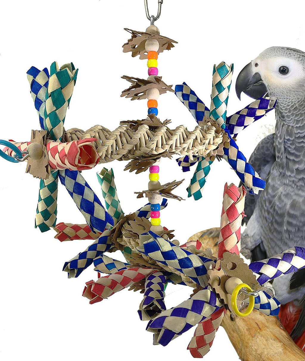 Wide parrot toy showing woven bars, braided strips, colorful beads and wooden chew pieces