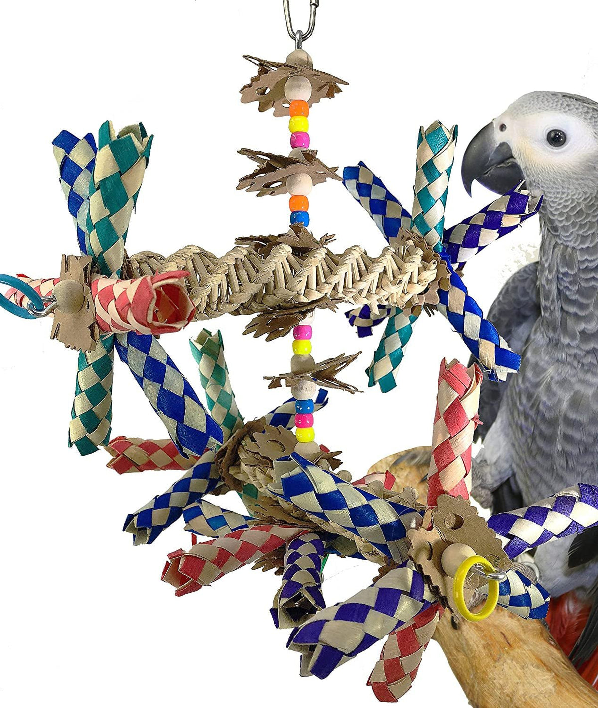Wide parrot toy showing woven bars, braided strips, colorful beads and wooden chew pieces