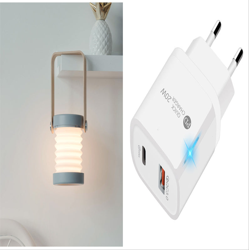 Foldable LED night light lantern with tan handle and USB plug adapter