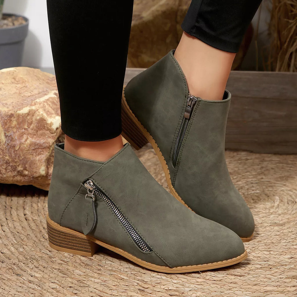 Sage green ankle boots with side zipper, block heel, tan outsole
