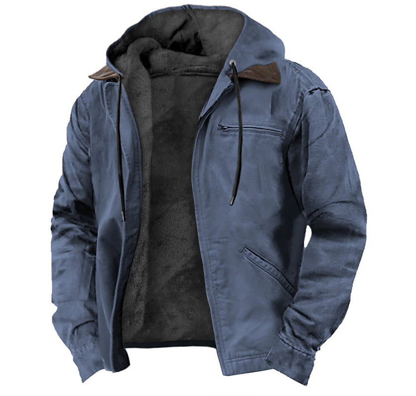 Padded hooded jacket in blue with drawstring, dark lining, front zipper and chest pocket.