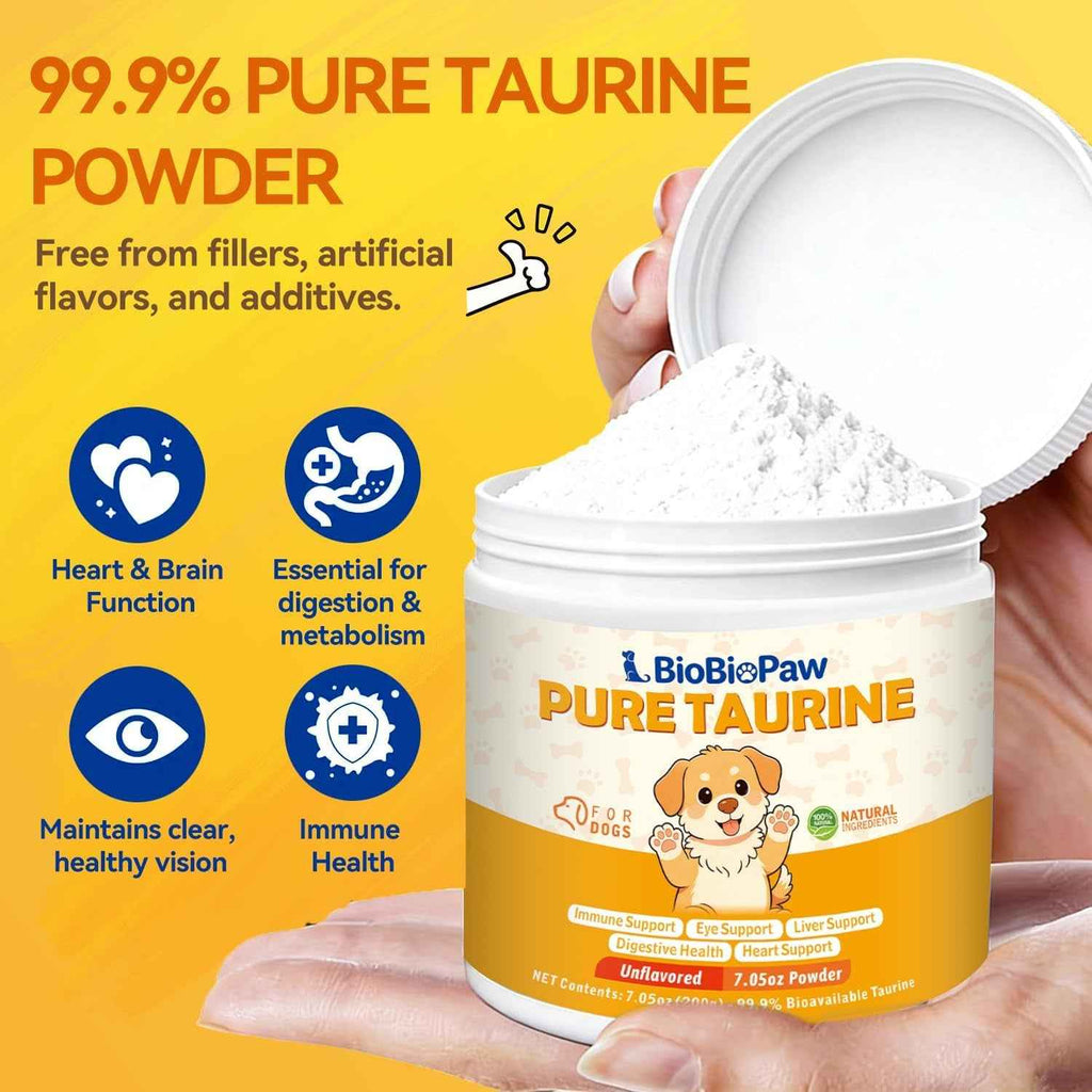 Open BioBioPaw taurine powder tub with white powder and scoop