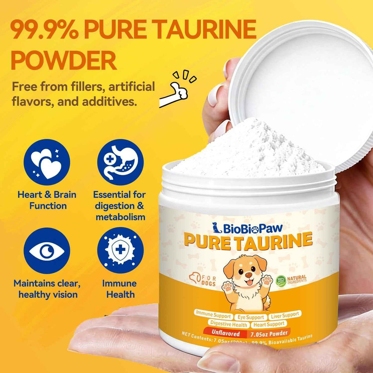 Open BioBioPaw taurine powder tub with white powder and scoop