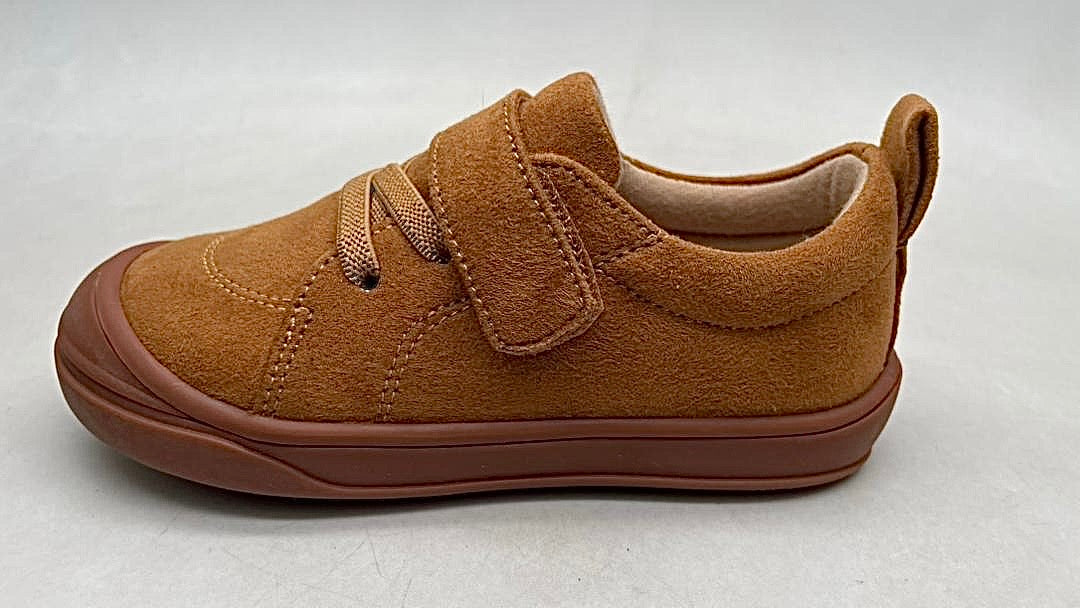 Kids' tan barefoot sneakers with strap and laces, side profile close-up
