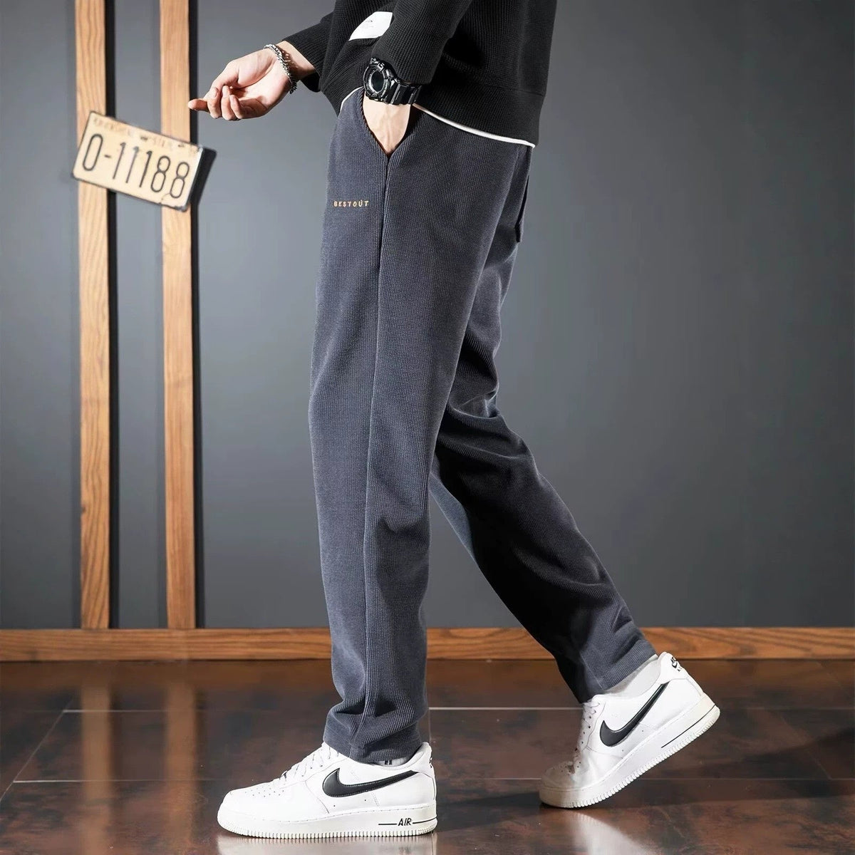 Men's straight-leg corduroy pants, dark gray, tapered legs, drawstring waist