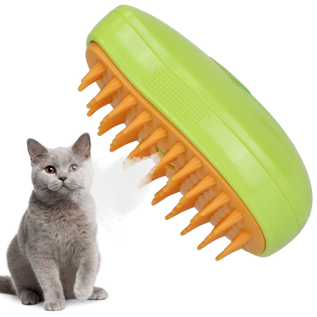 Handheld lime green steam brush with orange bristles for cat grooming