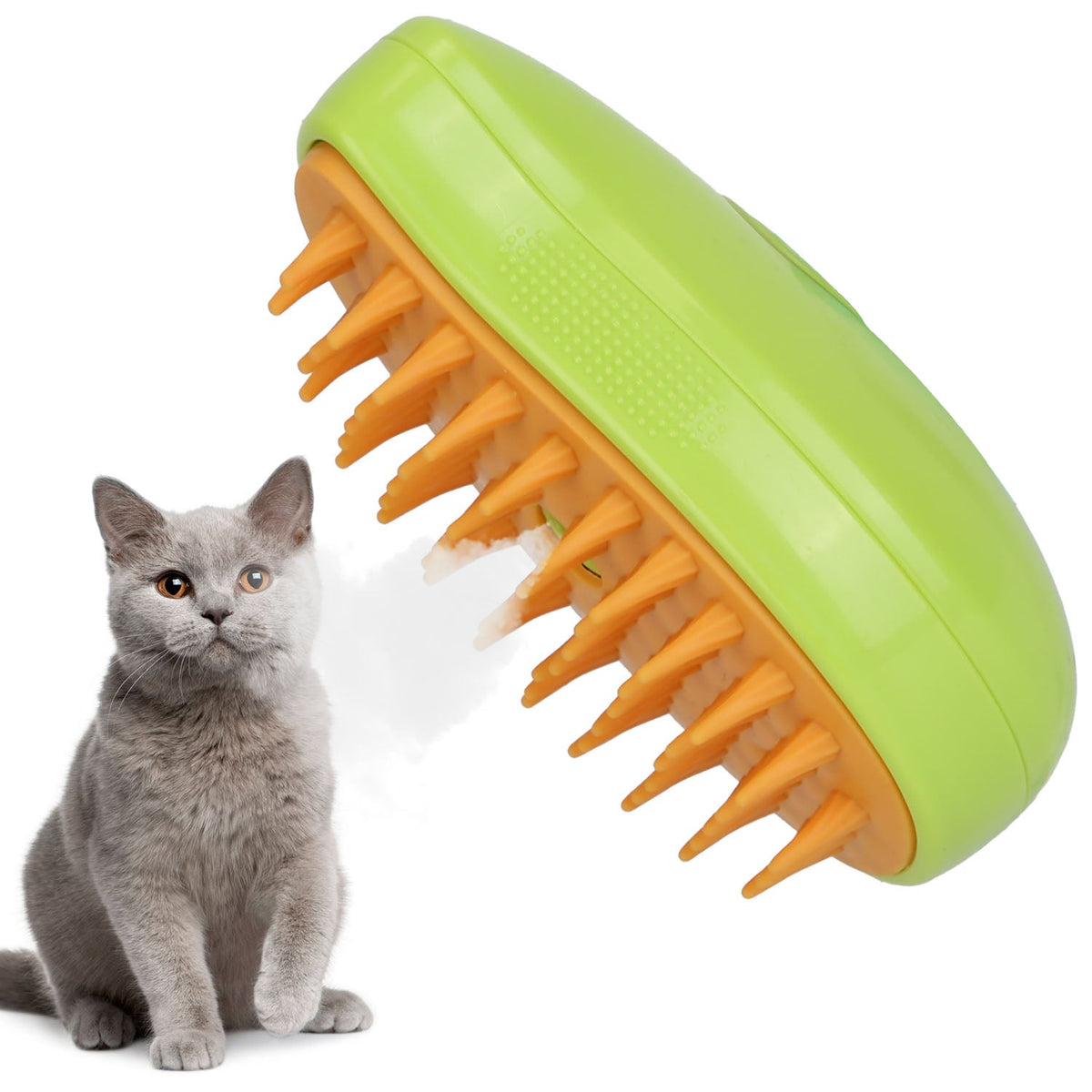 Handheld lime green steam brush with orange bristles for cat grooming