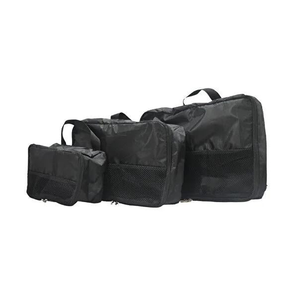 Black travel organizer set with three zippered packing cubes and mesh panels