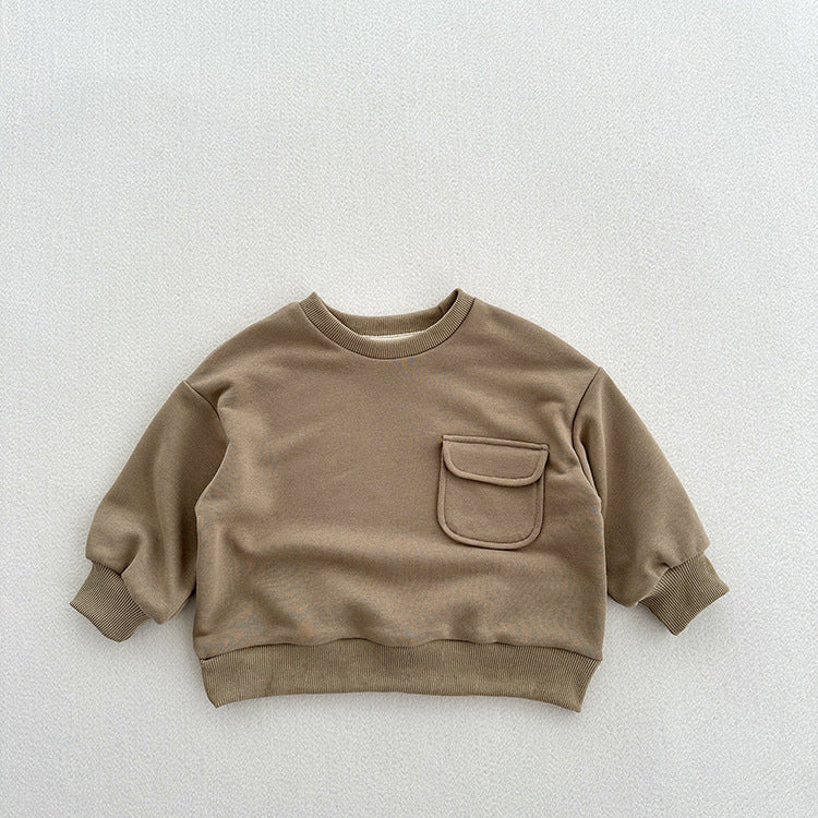 Taupe solid pullover sweatshirt with round neck and front kangaroo pocket