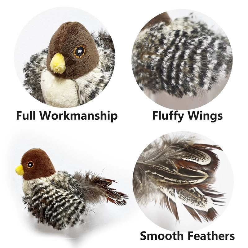 Close-up plush bird cat toy with brown face, yellow beak, and fluffy black-and-white wings