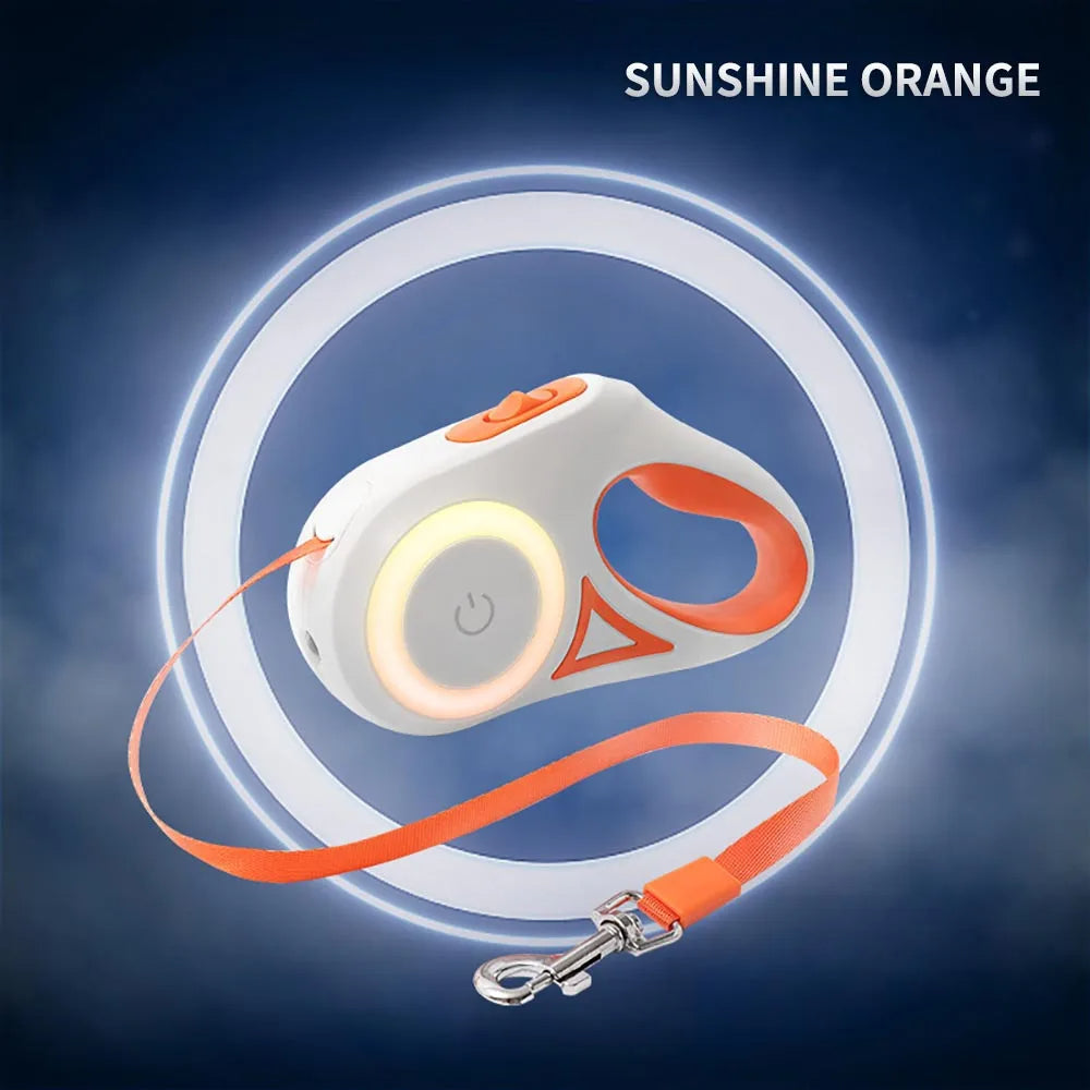Orange retractable pet leash with belt handle, extendable traction rope and safety clip