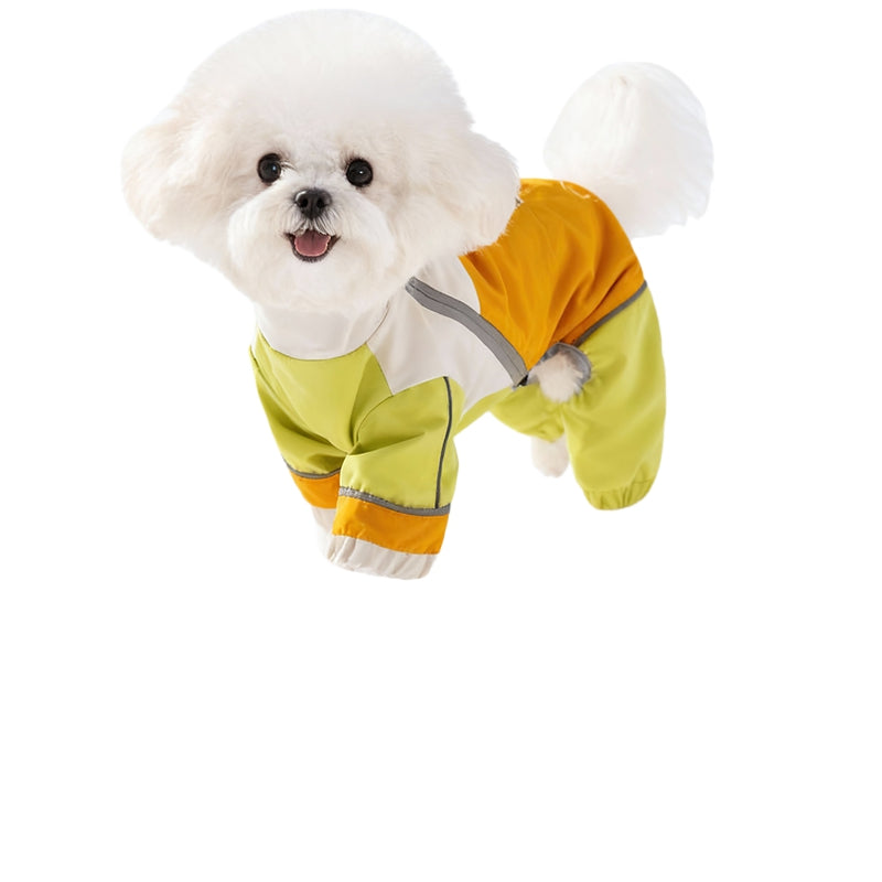 Yellow and green waterproof dog jumpsuit with front zipper and elastic cuffs