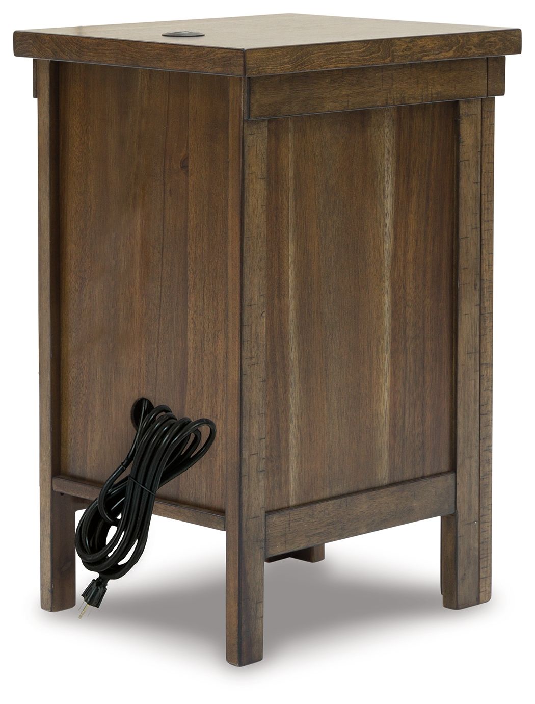 Grayish-brown chair side end table with cabinet doors and side power cord access