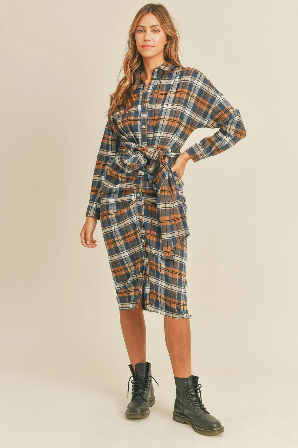 Plaid flannel shirt dress with button front and waist tie belt, long sleeves