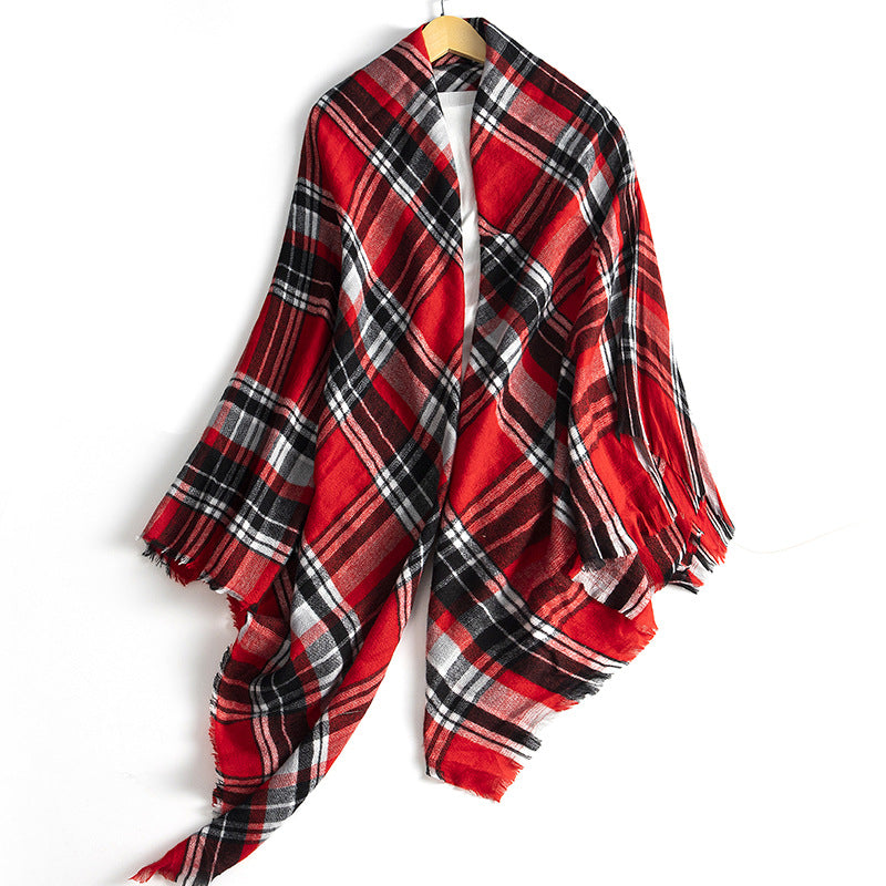 Red, black, and white plaid scarf shawl with fringed hem