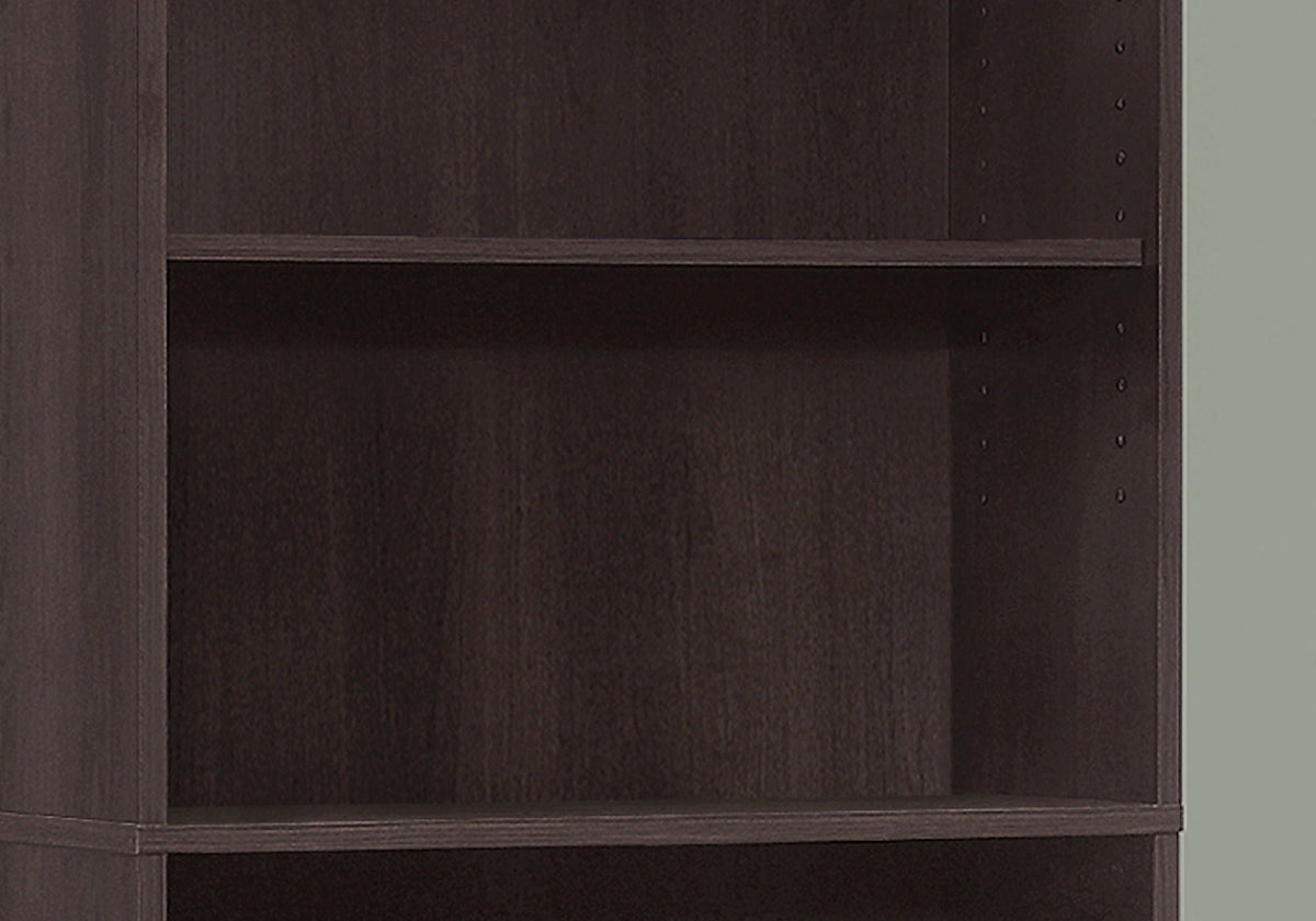 Dark brown 6-tier bookcase interior with open shelves and back panel