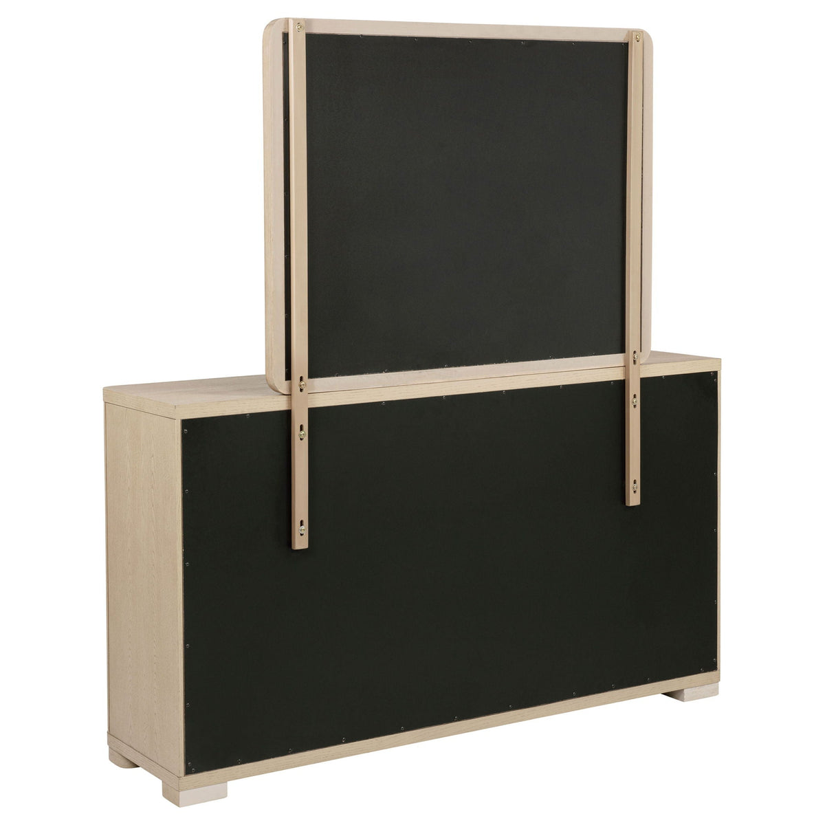 Light elm dresser base with open black mirror backing and hinged mirror frame