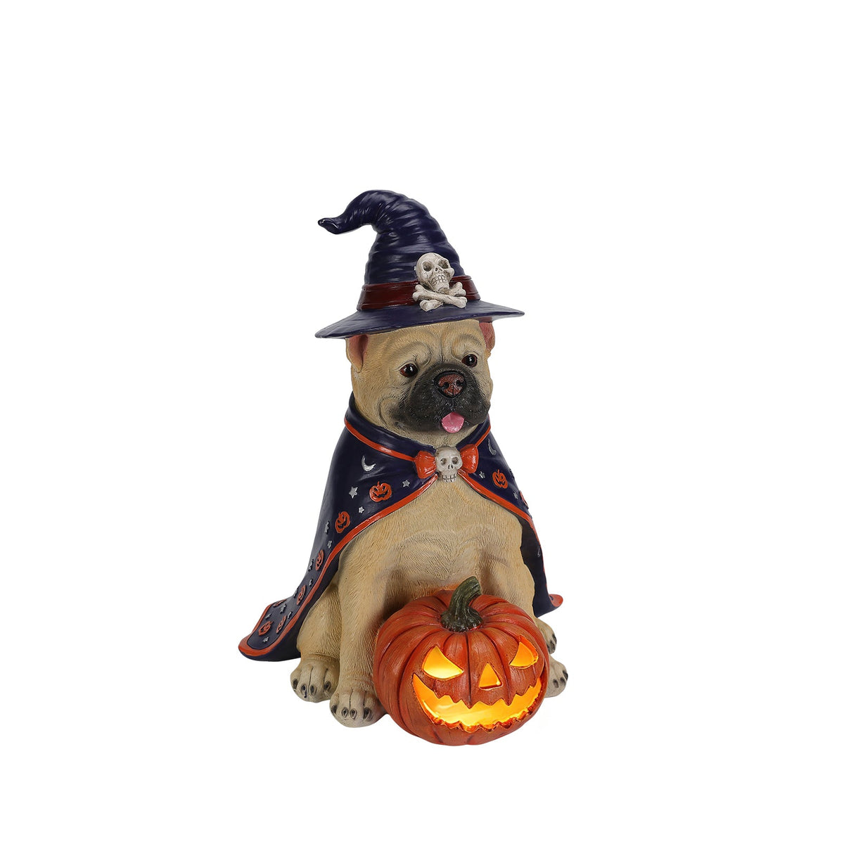 Side-view bulldog witch statue with glowing orange jack-o-lantern